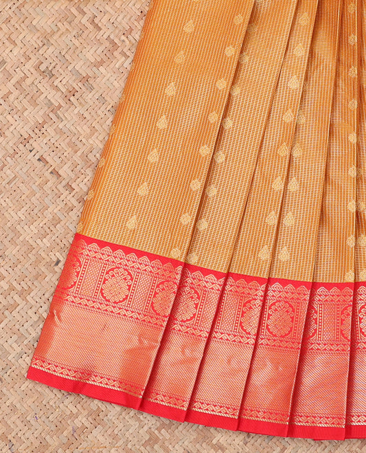 Orange Budget Silk Saree, Enriched with Zari Buttas and Checks, a Contrast Traditional Zari Border, Jaal Pallu, and a Contrast Blouse