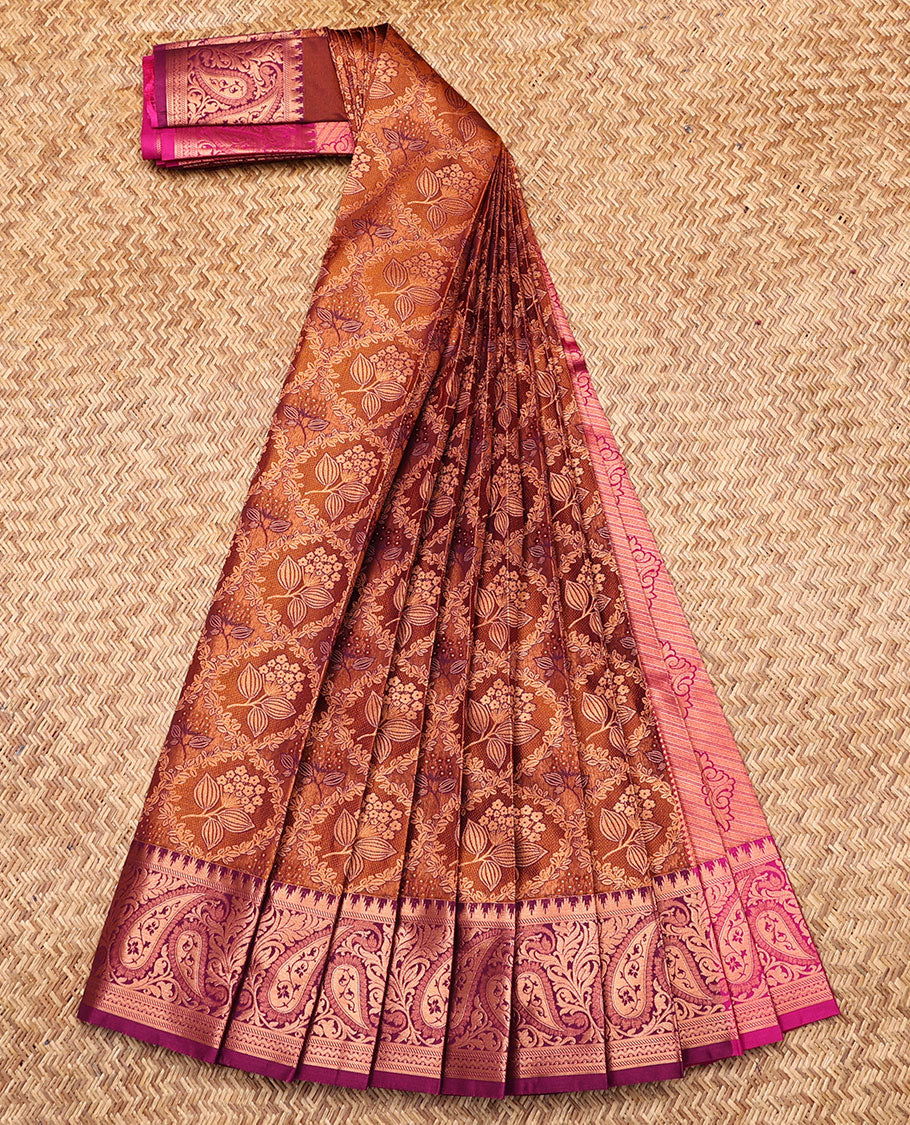 Honey Budget Silk Saree, Elevated with Floral Jacquard, Complemented by Contrast Traditional Zari Border, Intricate Pallu, and a Contrast Blouse