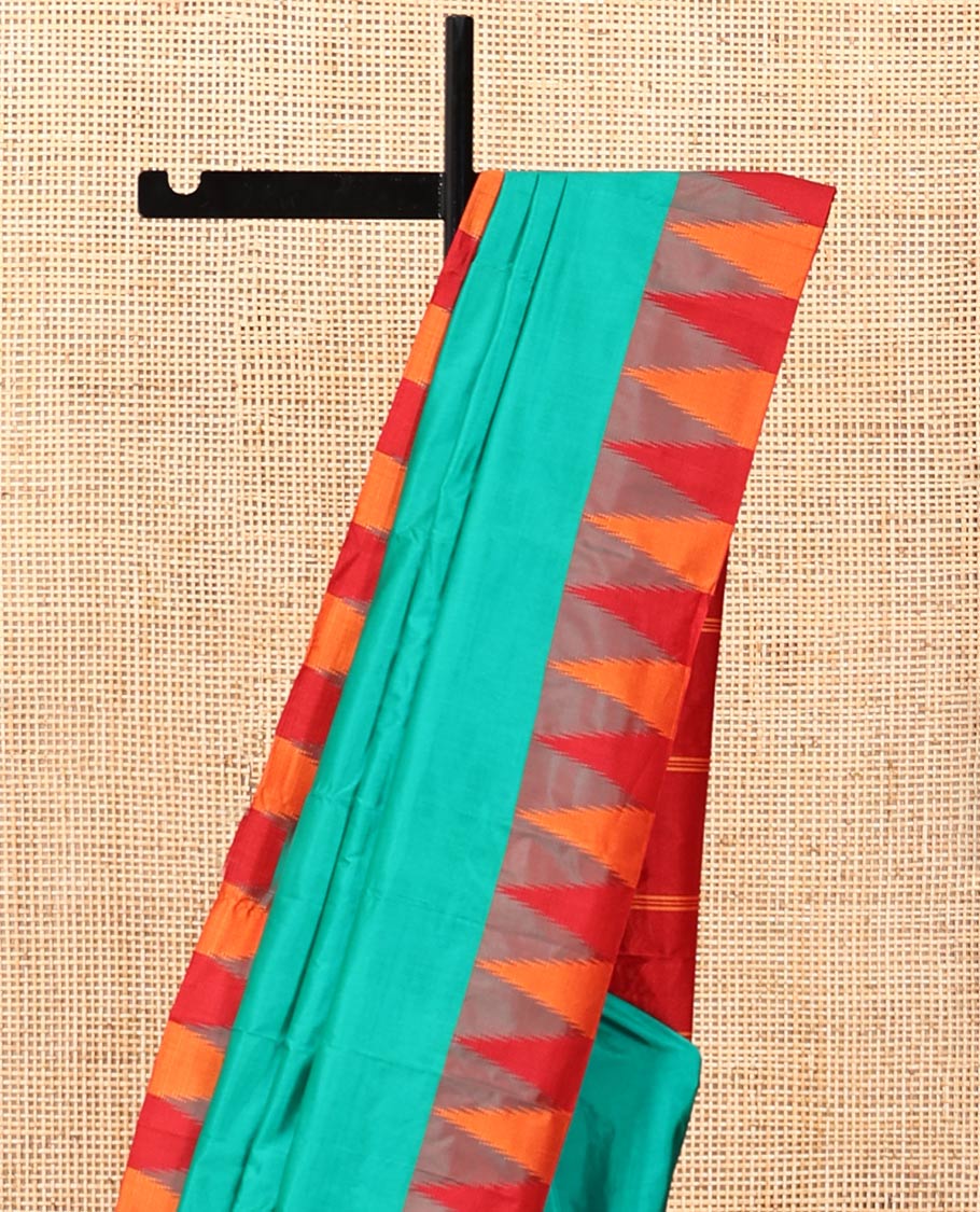 Green Plain Bangalore Silk Saree, Complemented by a Contrast Temple Border, Pallu of Stripes, and a Contrast Blouse