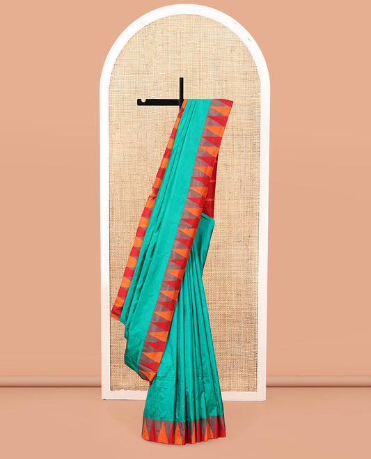 Green Plain Bangalore Silk Saree, Complemented by a Contrast Temple Border, Pallu of Stripes, and a Contrast Blouse