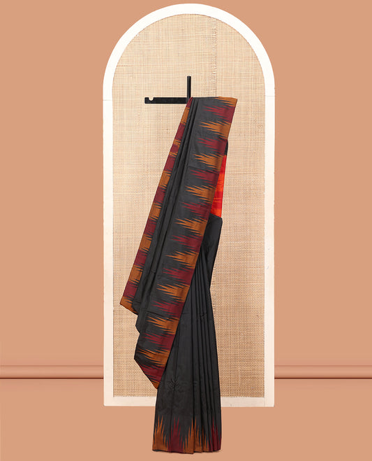 Black Plain Bangalore Silk Saree, Complemented by a Contrast Temple Border, Striped Pallu, and a Contrast Blouse