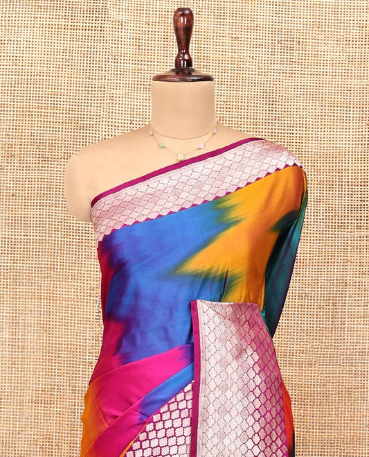 Multi-Color Banarasi Silk Saree, Prettified with Colorful Ikkat Weave on Its Body, Highlighted by a Self-Border of Jaal Designs, Pallu of Jaal Designs, and Paired with a Matching Blouse