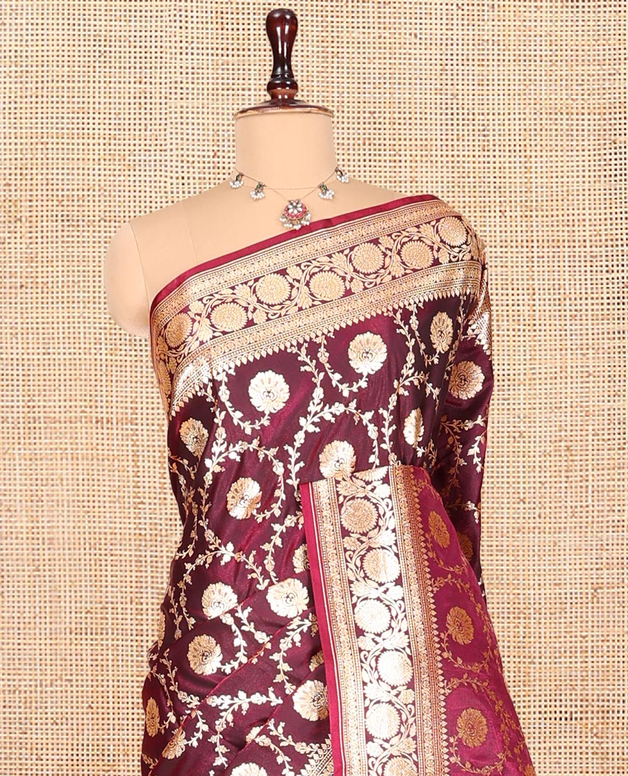 Wine Banarasi Nylon Saree, Mesmerized with Jaal Jacquard, Floral Creeper Zari Border, Intricate Pallu, and a Matching Blouse