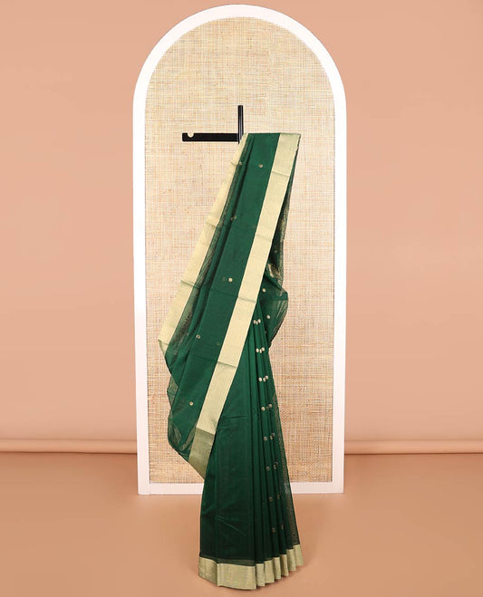 Dark green motifs chanderi cotton saree with contrast border & leaf motifs, striped pallu