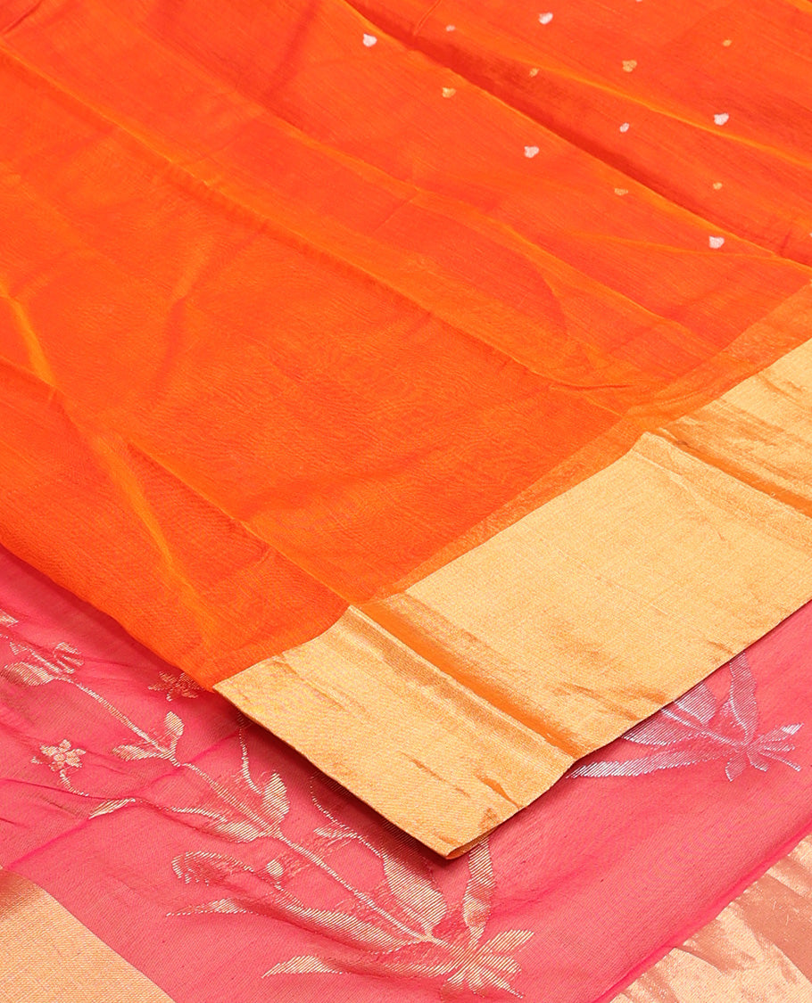 Orange buttas silk saree, bavanji border, and contrast floral zari woven pallu