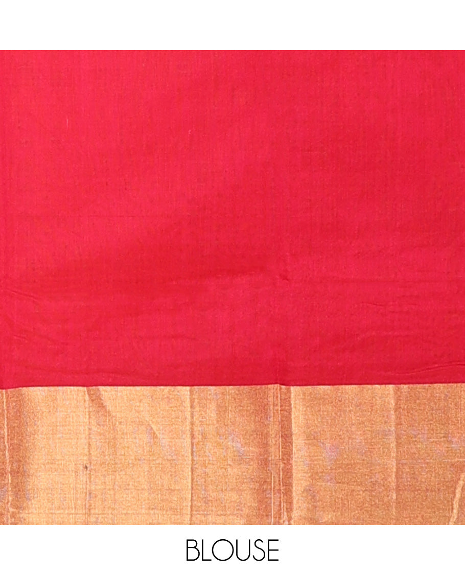 Orange buttas silk saree, bavanji border, and contrast floral zari woven pallu