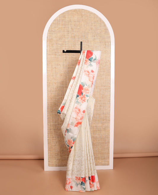 Cream floral jacquard crepe saree with self floral design border & floral printed pallu