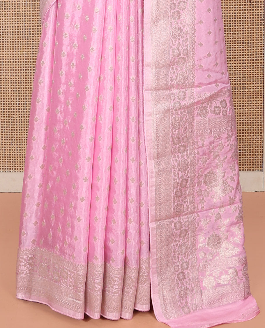 Pink Fancy Crepe Saree, Sparsely Woven with Buttas, a Floral Creeper Border, Floral Design Pallu, and a Matching Blouse