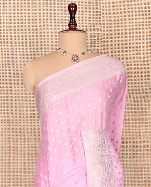 Pink Fancy Crepe Saree, Sparsely Woven with Buttas, a Floral Creeper Border, Floral Design Pallu, and a Matching Blouse