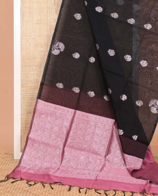 Borderless black flower zari buttas semi silk cotton saree, contrast floral jaal zari pallu