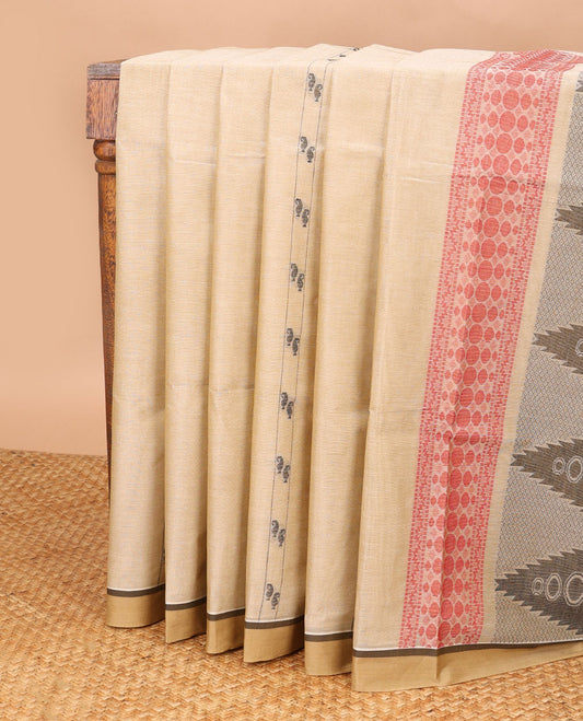 Beige floral motifs coimbatore cotton saree with contrast zari border & floral design pallu