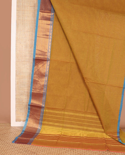 Yellow plain Venkatagiri cotton saree, contrast traditional zari border, and striped pallu