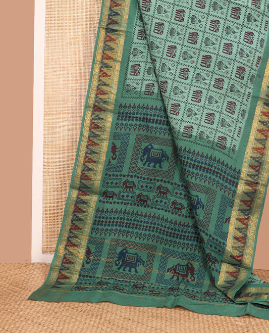 Green Sungudi Cotton Saree Artfully Printed with Butta Enclosed Checks, Highlighted by Contrast Zari and Print Work Temple Border, and Pallu Printed with Patola Motifs