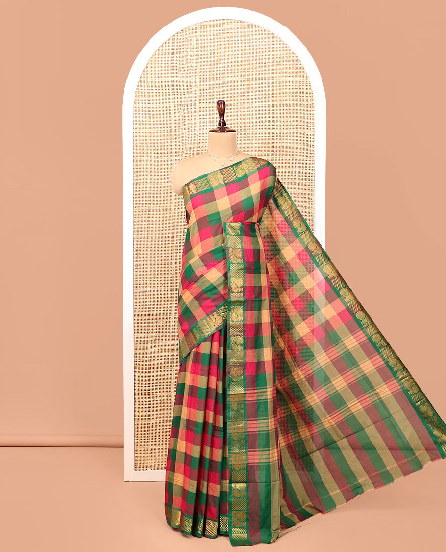 Multi-Color Chettinad Cotton Saree Features Checks, Highlighted by a Peacock Zari Border, Striped Pallu, and a Matching Blouse