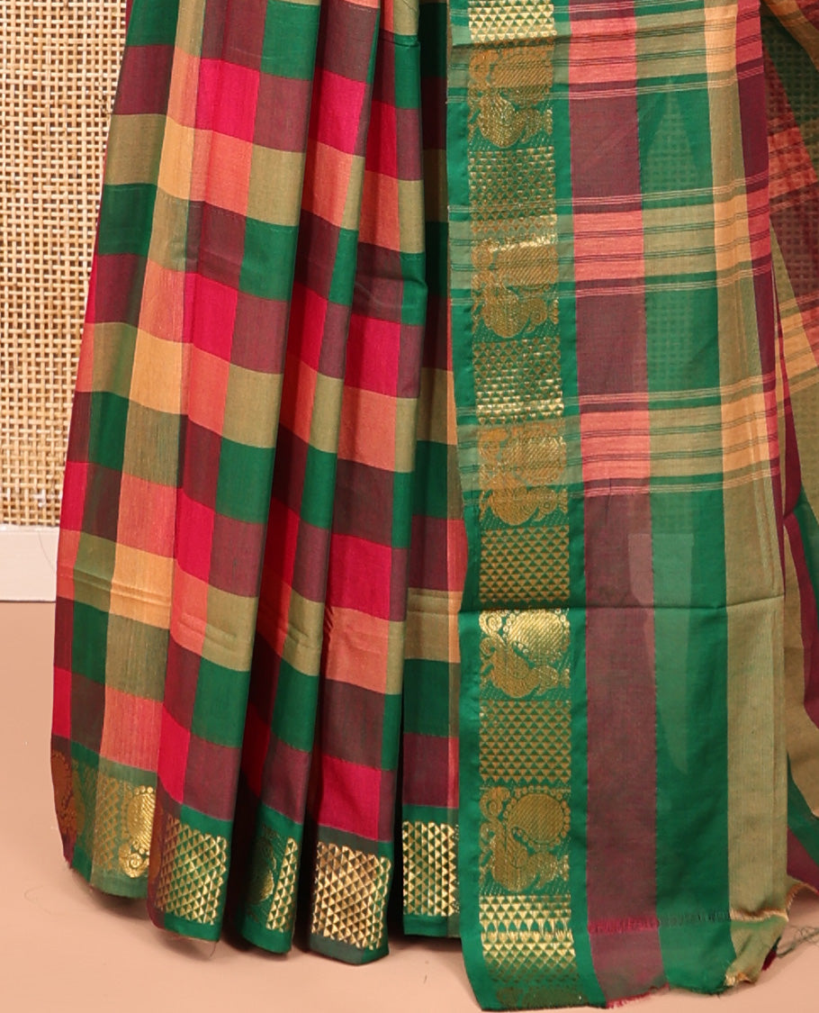 Multi-Color Chettinad Cotton Saree Features Checks, Highlighted by a Peacock Zari Border, Striped Pallu, and a Matching Blouse