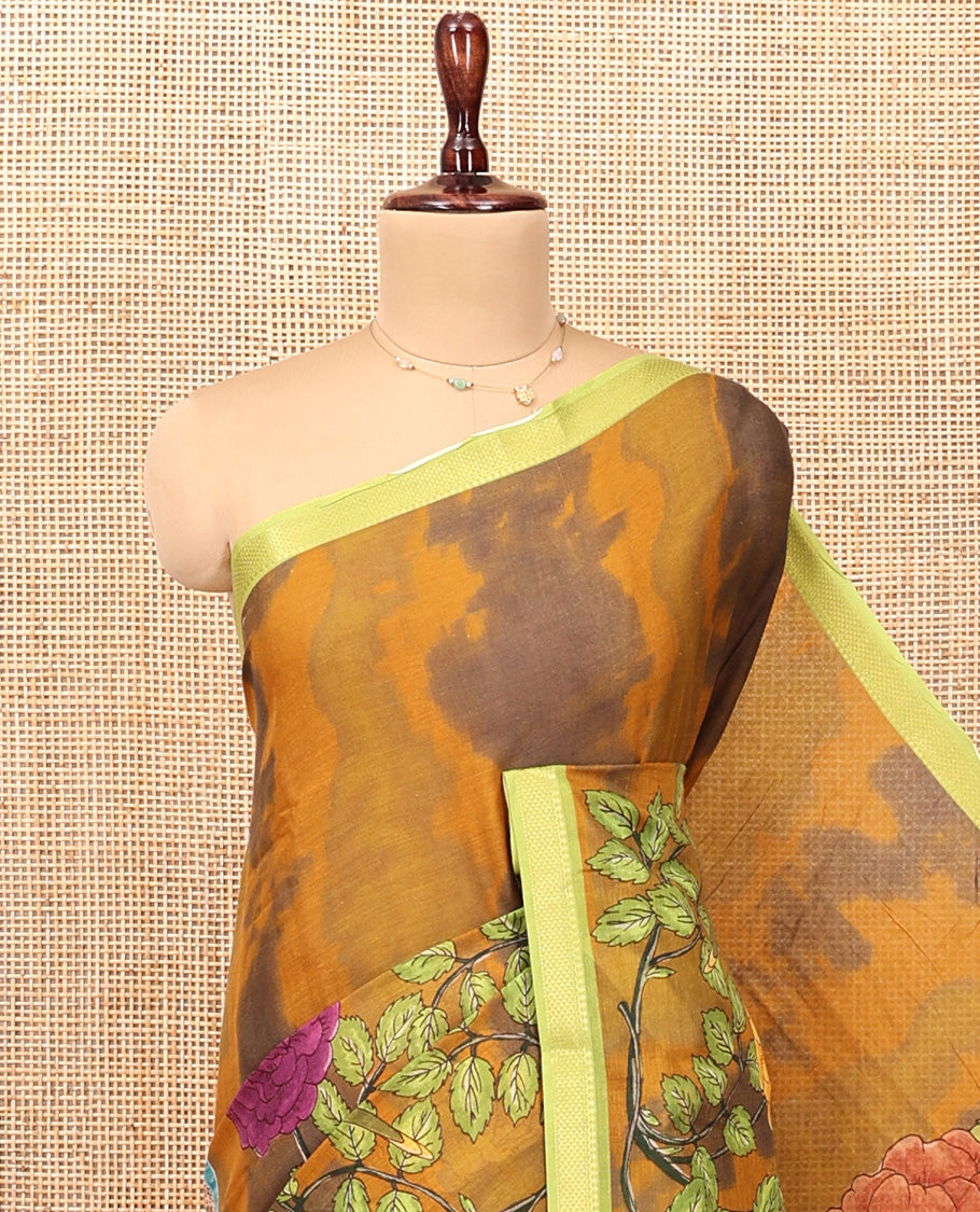 Mustard Andhra Cotton Saree, Artfully Detailed with Shibori Print and Tropical Floral Print, Complemented by a Contrast Zari Border and a Contrast Blouse