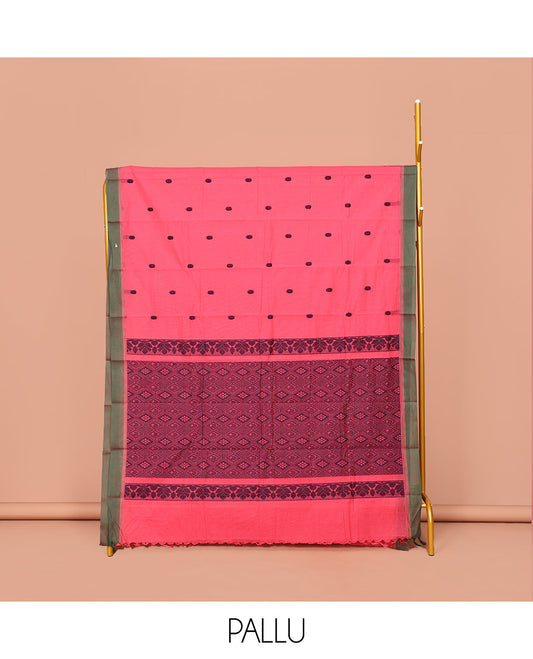 Pink Kanchi Cotton Saree, Subtly Threaded with Buttas All Over Its Body, Complemented by Contrast Border, Jaal Pallu and Paired with a Matching Blouse