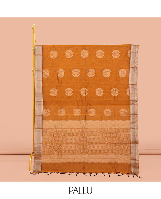 Orange Semi-Silk Cotton Saree, Elevated with Buttas on Its Body, Complemented by a Contrast Traditional Border, Pallu of Geometric Designs, and Paired with a Matching Blouse