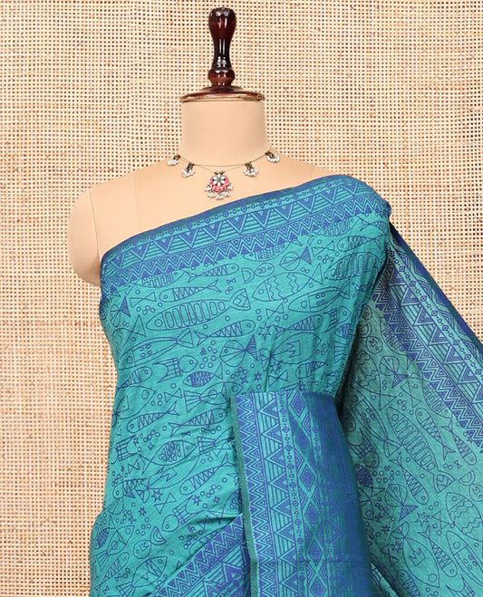 Blue Poly Cotton Saree, Steeped with Fishes, Temple-Printed Border, Printed Pallu, and a Matching Blouse