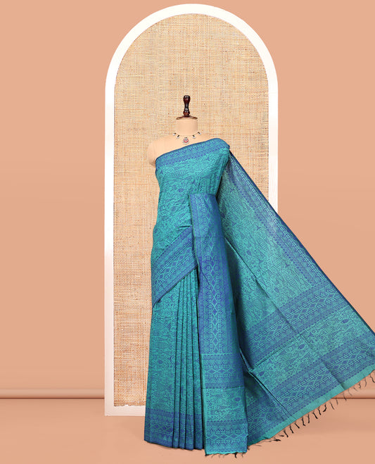 Blue Poly Cotton Saree, Steeped with Fishes, Temple-Printed Border, Printed Pallu, and a Matching Blouse