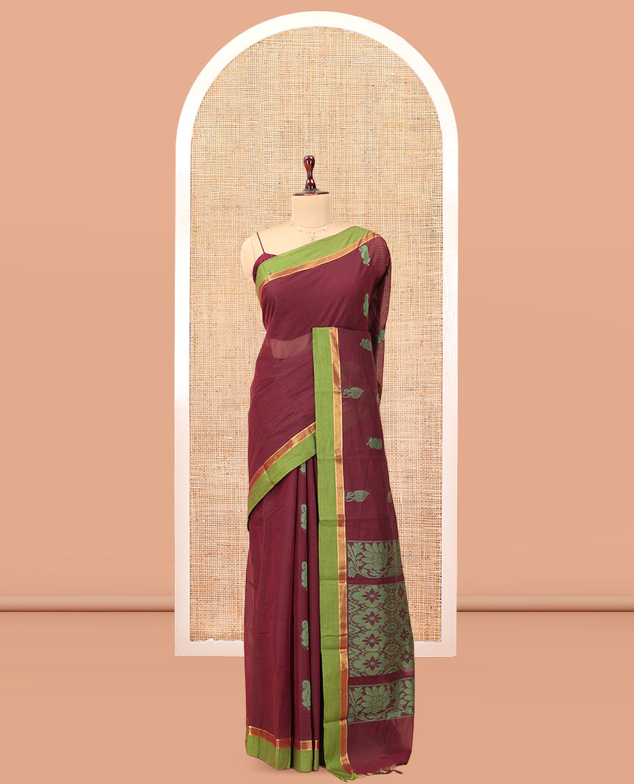 Brown Kanchi Cotton Saree, Woven with Thread Buttas, a Contrast Border, Intricate Pallu, and a Matching Blouse