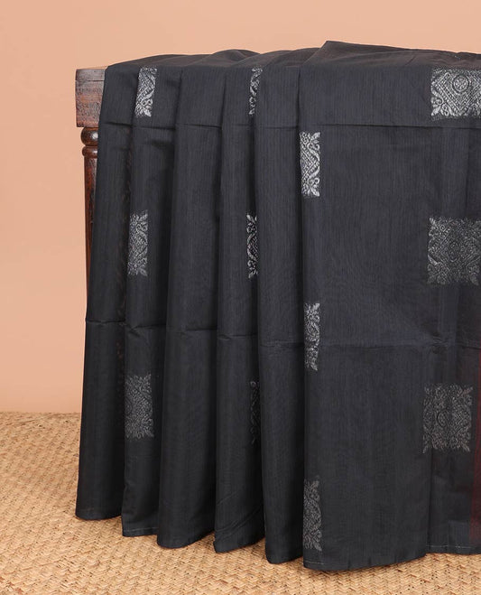 Borderless black geometric design semi silk cotton saree with jaal pallu