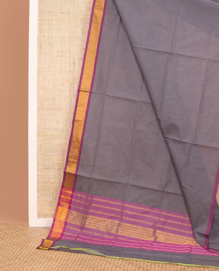 Grey venkatagiri cotton saree with contrast zari border & striped pallu