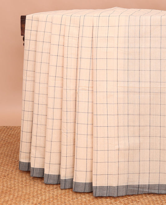 Cream checked mangalagiri cotton saree with contrast striped border & checked pallu