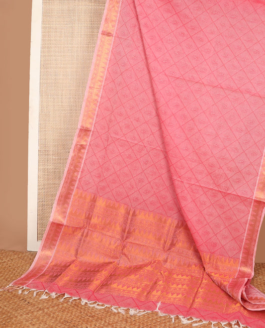 Pink butta enclosed jaal design Coimbatore cotton saree, zari border & pallu of traditional designs