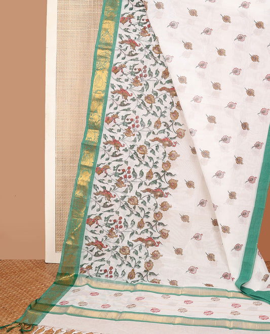 White floral vine & bird motifs printed Andhra cotton saree, contrast floral & paisley zari border & pot motifs printed pallu