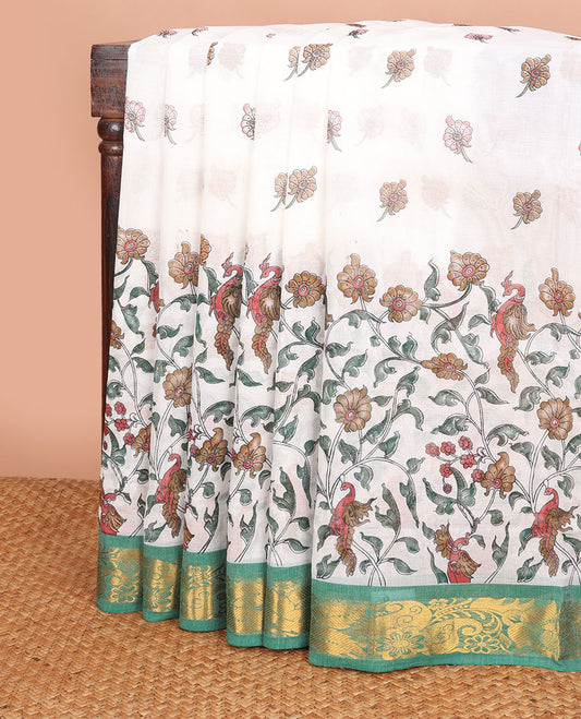 White floral vine & bird motifs printed Andhra cotton saree, contrast floral & paisley zari border & pot motifs printed pallu