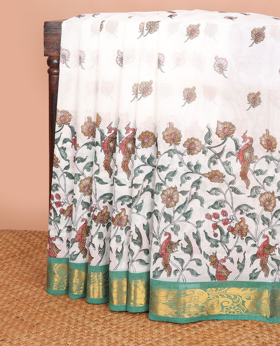 White floral vine & bird motifs printed Andhra cotton saree, contrast floral & paisley zari border & pot motifs printed pallu