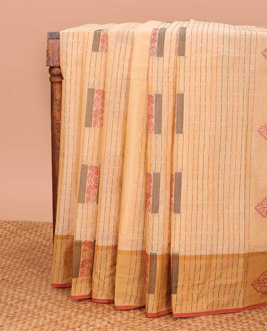 Sandal dotted stripes, and square buttas Coimbatore cotton saree, contrast dotted stripes, and square buttas border, and pallu of floral motifs