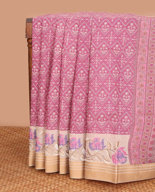 Pink diamond patterned chanderi cotton saree, contrast border of floral multi-color thread embroidery, and printed pallu