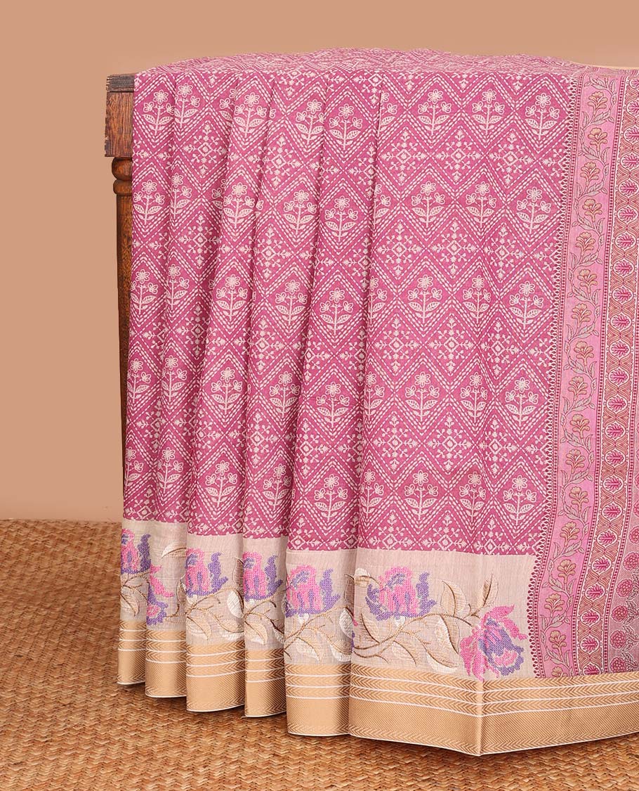 Pink diamond patterned chanderi cotton saree, contrast border of floral multi-color thread embroidery, and printed pallu