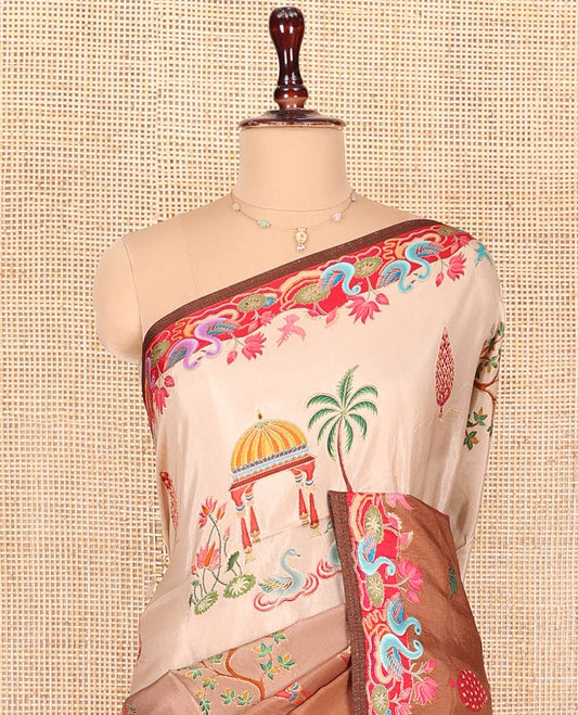 Pale Brown Dola Silk Saree, Richly Detailed with Mughal-Style Design on Its Body, Complemented by Contrast Floral-Bird Printed Border, Mughal-Style Printed Pallu, and Paired with a Contrast Blouse