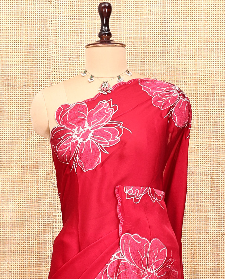 Red Satin Organza Saree, Steeped in the Prettiness of Floral Embroidery, Floral Embroidered Scallop Border, and a Matching Blouse