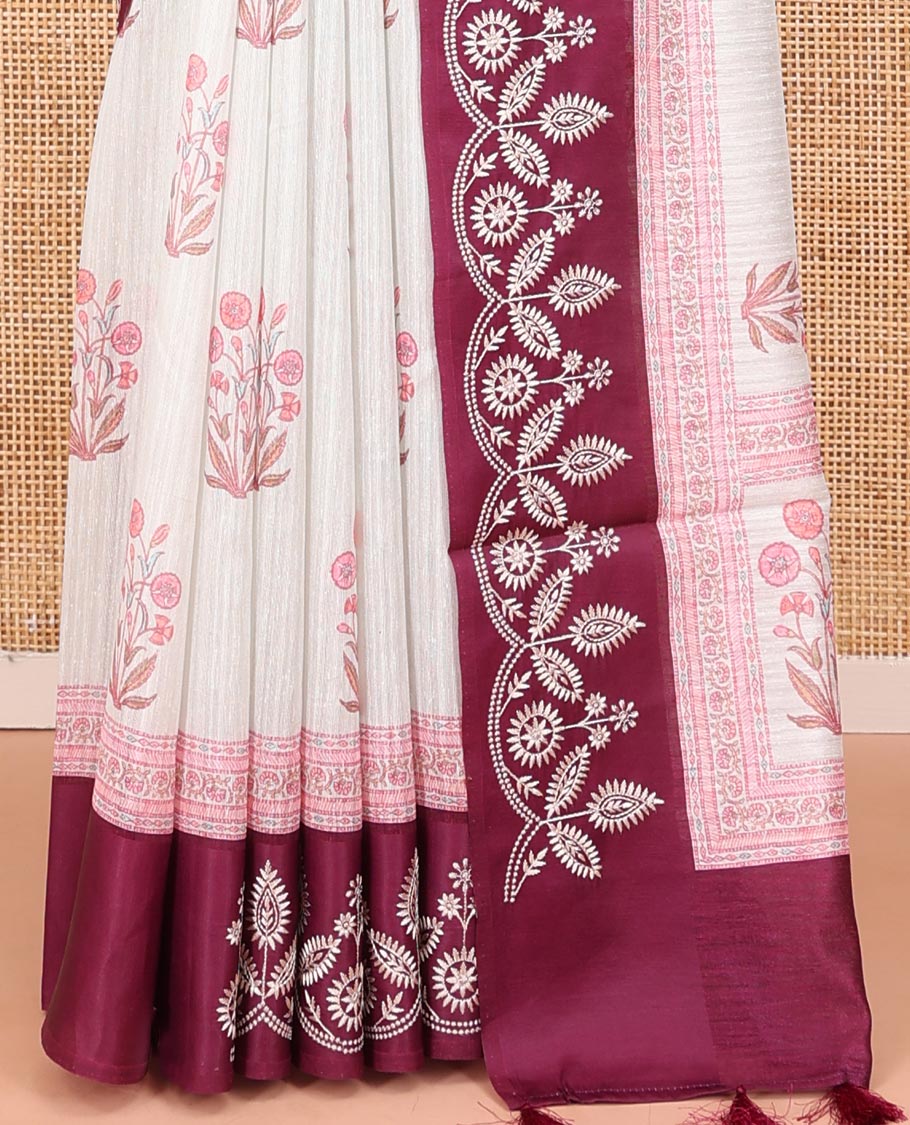 Wine Green-Silk Saree, Detailed with Floral Motifs, Block Print on Its Body, Complemented by a Contrast Thread Embroidered Border, Pallu of Floral Block Print, and Paired with a Contrast Blouse