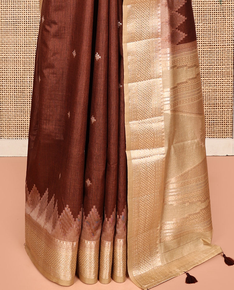 Brown Dupion Silk Saree, Beautified with Buttas on Body, Complemented by Contrast Traditional Temple Border, Pallu of Traditional Design, and a Contrast Blouse