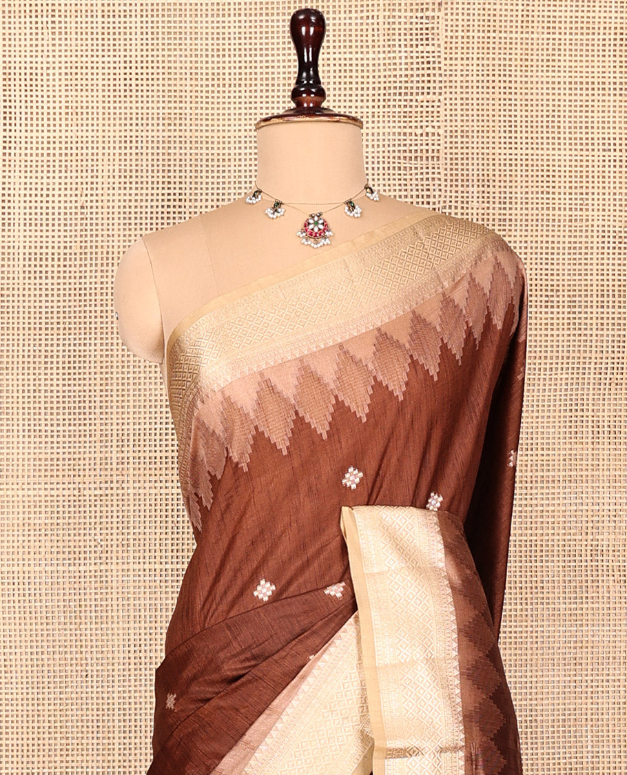 Brown Dupion Silk Saree, Beautified with Buttas on Body, Complemented by Contrast Traditional Temple Border, Pallu of Traditional Design, and a Contrast Blouse