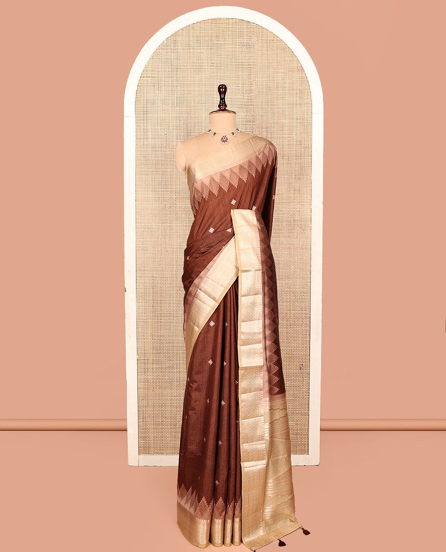 Brown Dupion Silk Saree, Beautified with Buttas on Body, Complemented by Contrast Traditional Temple Border, Pallu of Traditional Design, and a Contrast Blouse