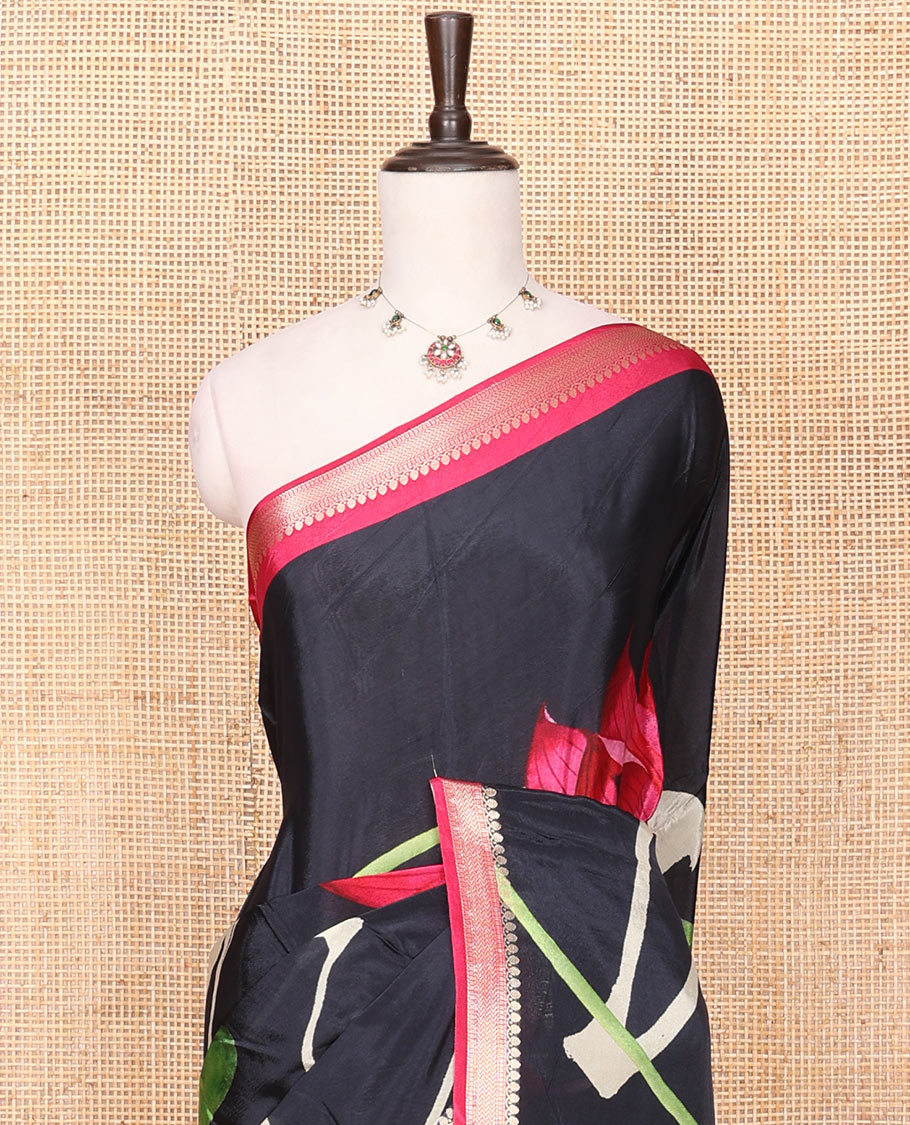 Black Georgette Saree Highlighted with Unique Print, Complemented by a Contrast Traditional Zari Border, Pallu Gleamed Up with Zari, and Paired with a Contrast Buttas Woven Blouse