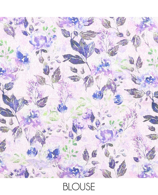 Borderless purple kamala silk saree with floral printed blouse