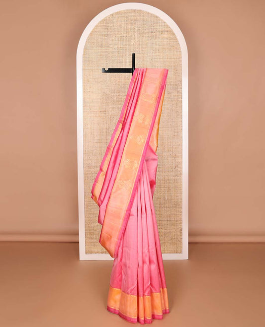 pink buttas kancheepuram silk saree with contrast floral design border & floral motifs pallu