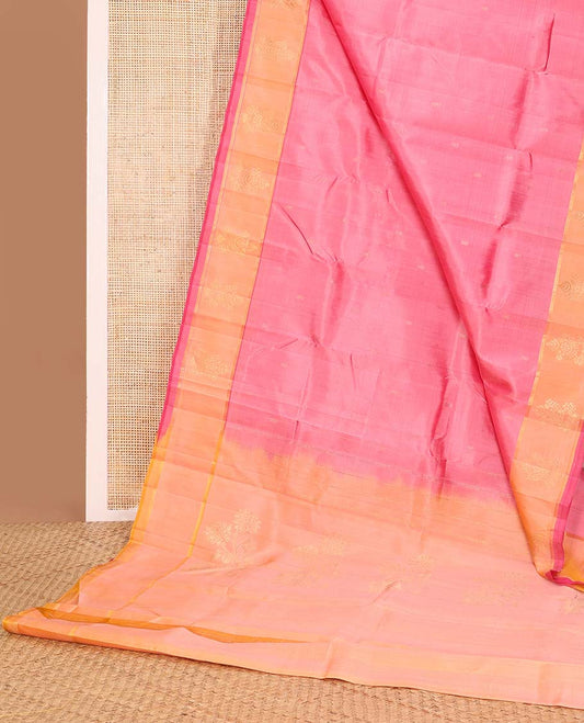 pink buttas kancheepuram silk saree with contrast floral design border & floral motifs pallu