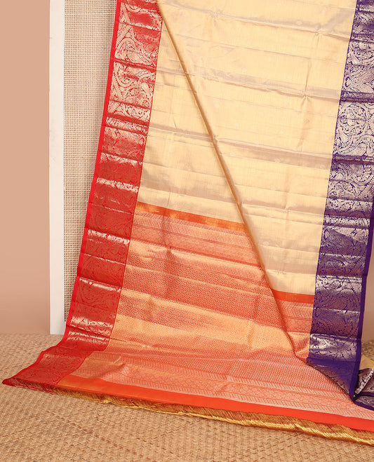Sandal silk saree with zari buttas, contrast ganga jamuna border of kamalam, mayil, yaanai & manga designs & zari geometric patterned pallu