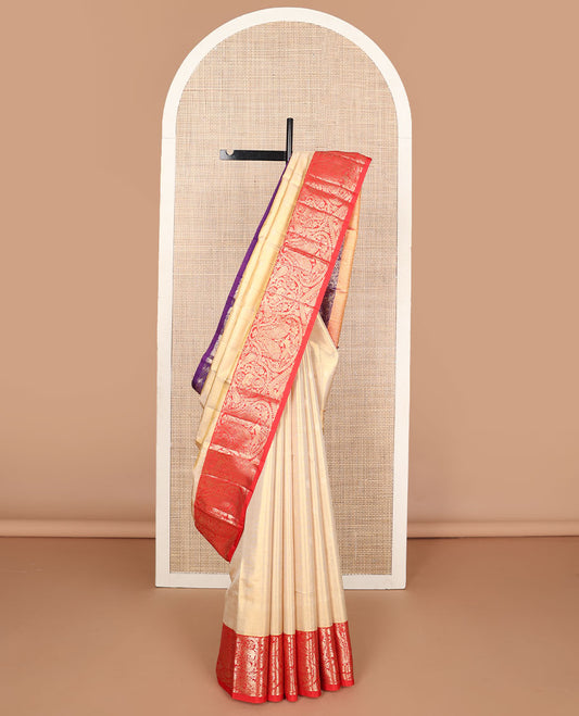 Sandal silk saree with zari buttas, contrast ganga jamuna border of kamalam, mayil, yaanai & manga designs & zari geometric patterned pallu