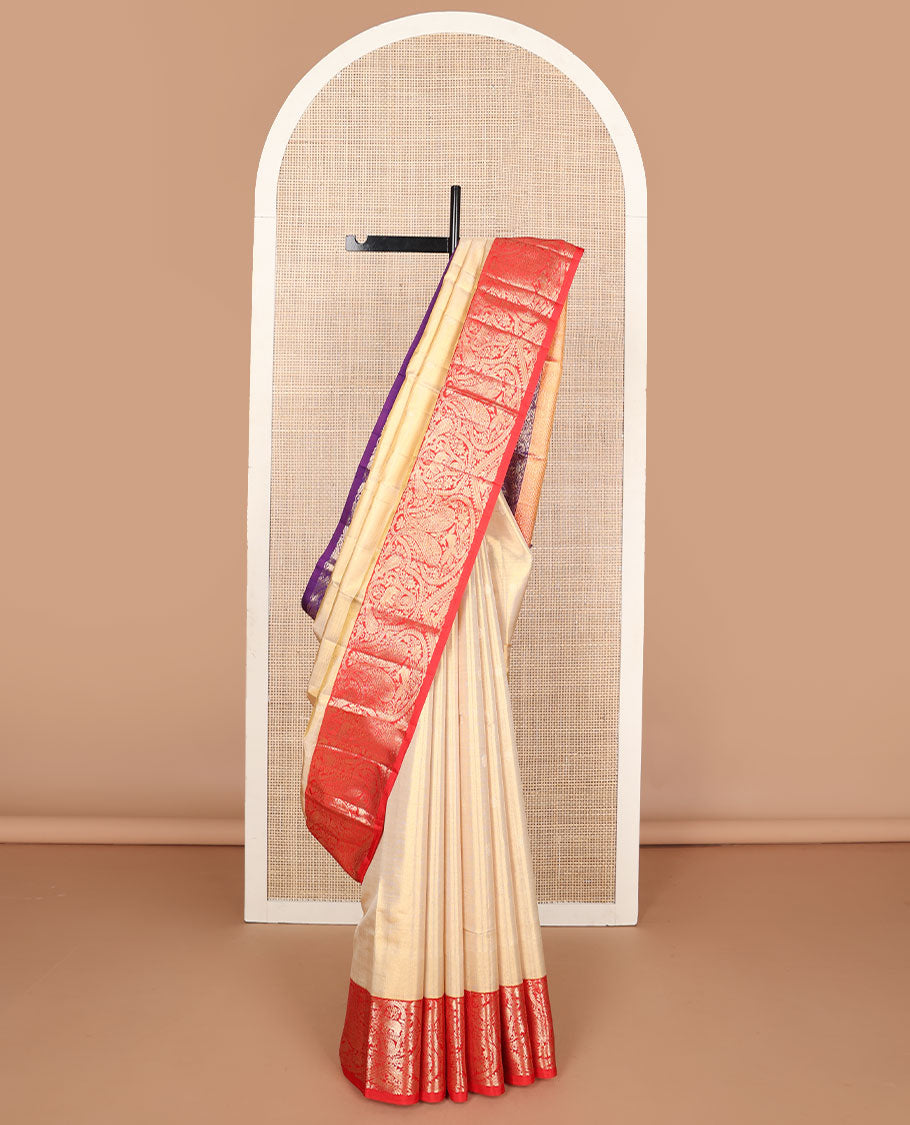 Sandal silk saree with zari buttas, contrast ganga jamuna border of kamalam, mayil, yaanai & manga designs & zari geometric patterned pallu