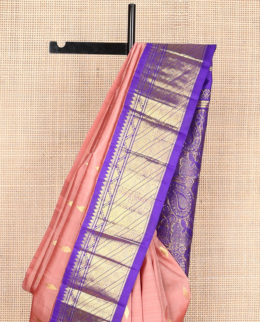 Pink zari buttas kanchipuram silksaree, contrast one-sided korvai border of thilakam mokku,rekku & zari designs & paisley design pallu