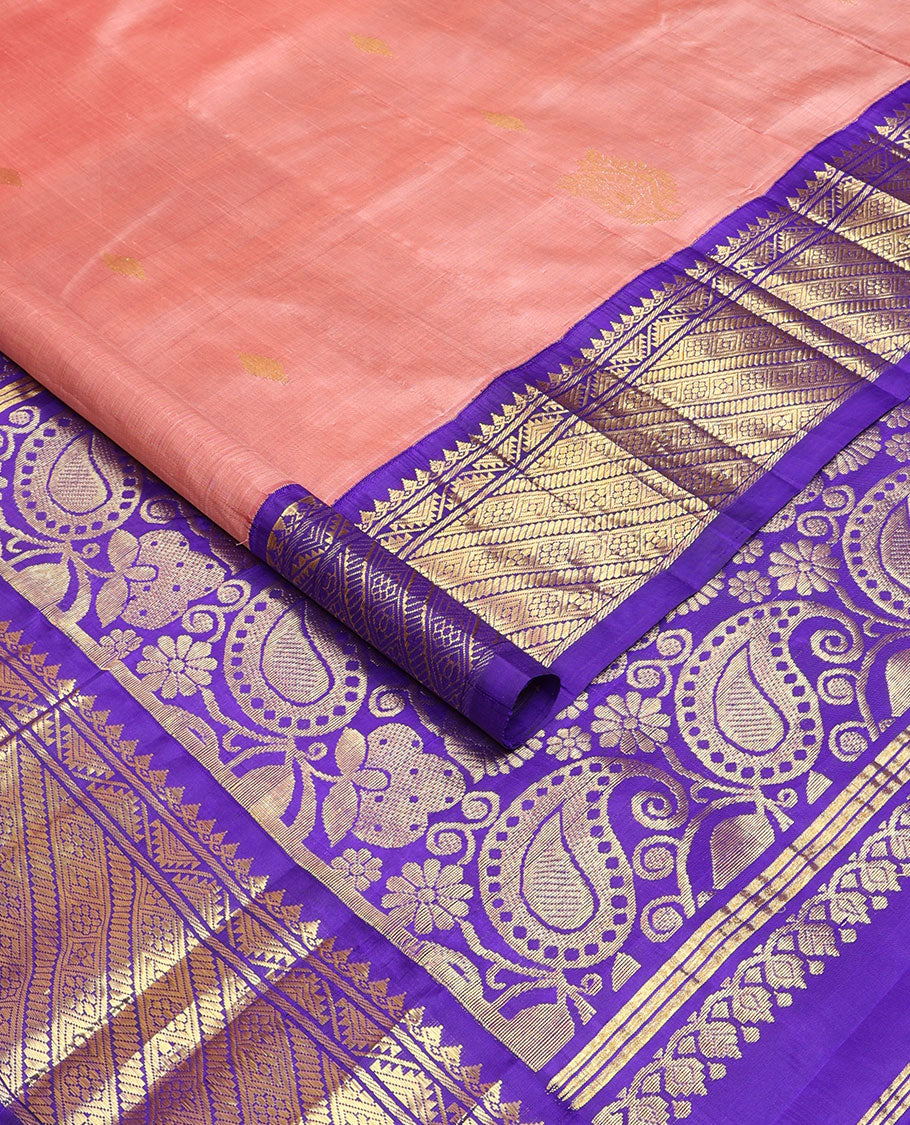 Pink zari buttas kanchipuram silksaree, contrast one-sided korvai border of thilakam mokku,rekku & zari designs & paisley design pallu